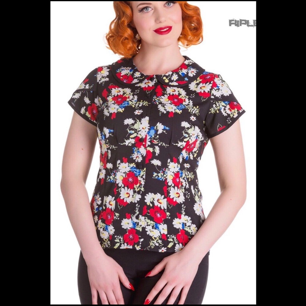 Hell Bunny Black Floral Peter Pan Collar Blouse